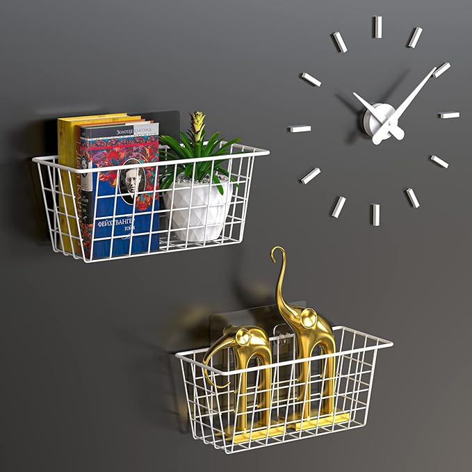 MaraFansie Wall Wire Baskets Adhesive Basket Hanging Kitchen Baskets No Drilling for Cabinet & Pantry Organization and Kitchen, Bathroom, Bedroom Storage, 4 Pack, White