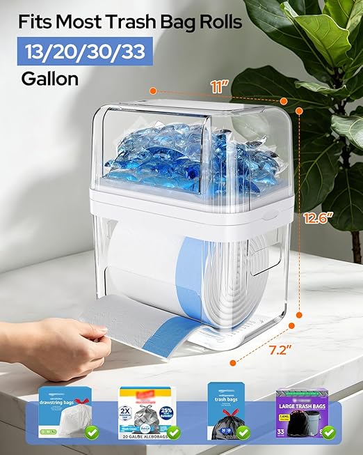 Trash Bag Dispenser & Dishwasher Pods Container, 3 in 1 Clear Acrylic Garbage Bags Holder Under Sink Organizer Laundry Pods Dishwasher Tabs Storage Box for Laundry Room and Kitchen Cabinet