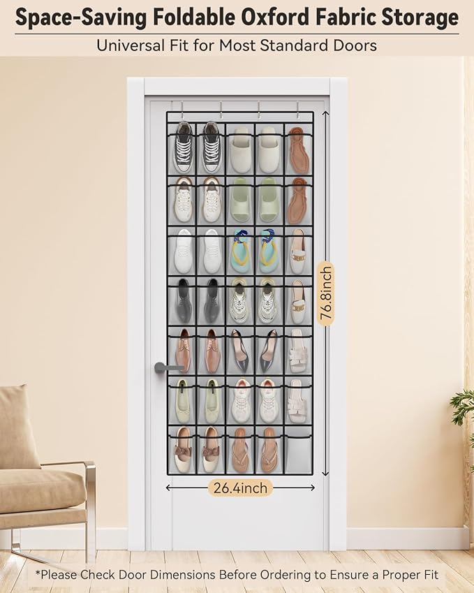 dodowin Over the Door Shoe Organizers, 2 Pack (1 Black & 1 Grey) -40 Deep Mesh Pockets Each, Over The Door Shoe Rack, Space Saving Hanging Storage Holder for Closets, Shoes & Accessories