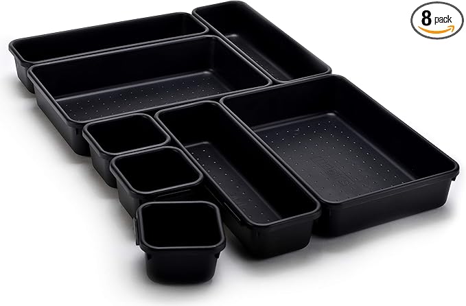 Interlocking Drawer Organizer Bins, Durable Plastic, Black | 8-Piece Set