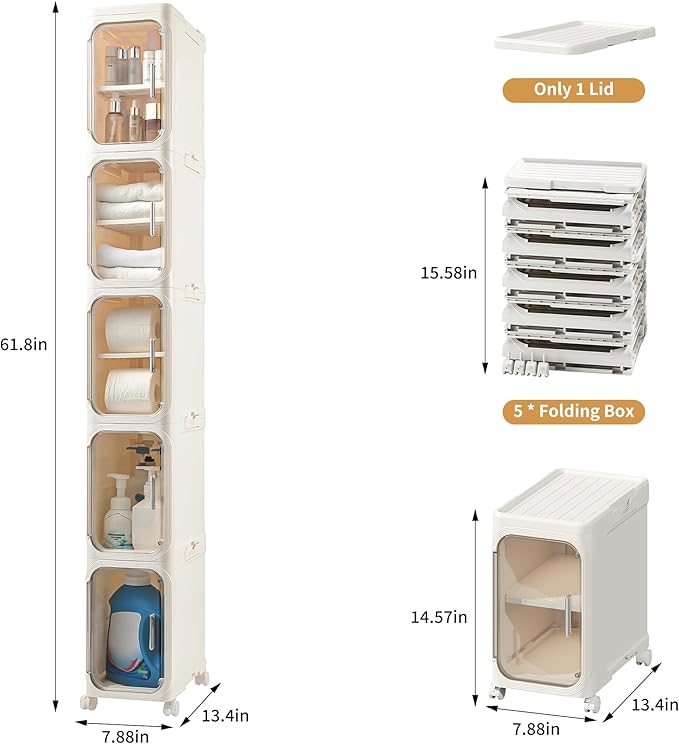 5-Tier Tall Narrow Storage Cabinet, Cream White