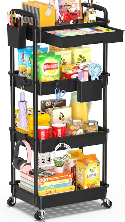 SUNALLY 4 Tier Rolling Utility Cart with Drawer, Storage Organizer Cart with 2 Lockable Wheels, Multifunctional Rolling Storage Cart for Bathroom, Kitchen, Craft, Makeup, Baby Essentials, Black