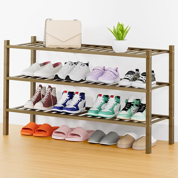 Long Bamboo Shoe Rack, 3 Tier Free Standing Wooden Shoe Organizer, Walnut