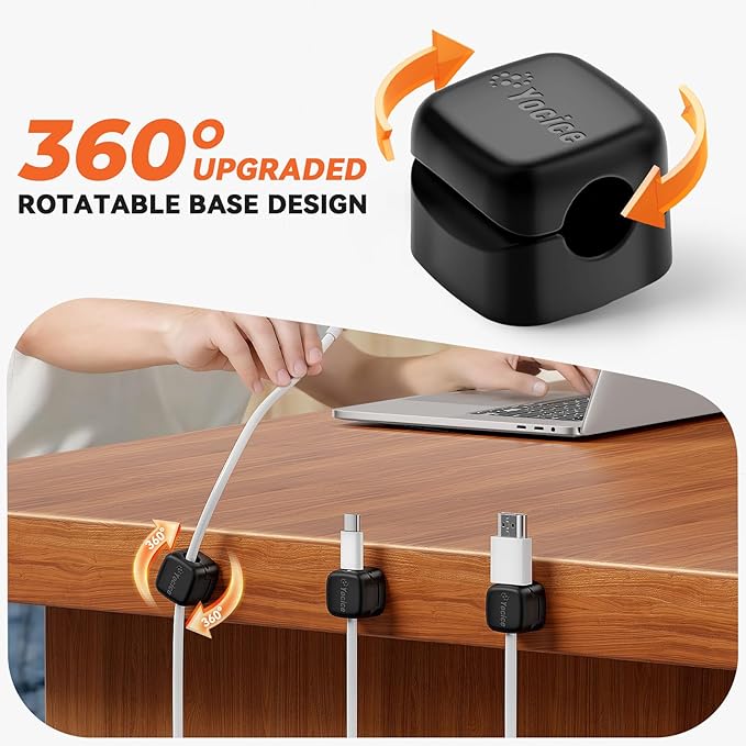6Pack Rotatable Cord Organizer,Spring Cable Clips Desk Cable Management Cord Holder Adhesive Phone Charger Cord Clips for Home Office Car wall Nightstand Accessories, Black