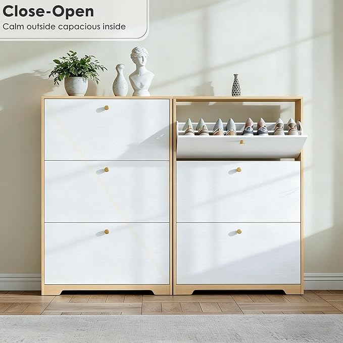 Nicetree Shoe Cabinet with 3 Flip Drawers，Freestanding Shoe Storage Cabinet, Narrow Shoe Organizer Cabinet, Farmhouse Slim Shoe Rack Cabinet for Entryway,Natural Oak and White with Hook