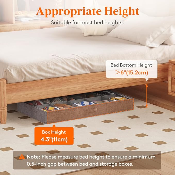 Lifewit Under Bed Shoe Storage Organizer Fits 10 Pair Sneakers, 4.3 Inches Tall Sturdy Structure Ultra Thick Fabic Sneaker Storage, Foldable Underbed Shoe Boxes for Heels, Boots, Sports Shoes 2 Pack