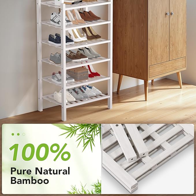Haddockway Small 6 Tier Bamboo Shoe Rack Storage Organizer,Multifunctional Free Standing Stackable Shoe Shelf with Grid Panel for Closet,Hallway,Entryway,Small Space 18"x11"x34"