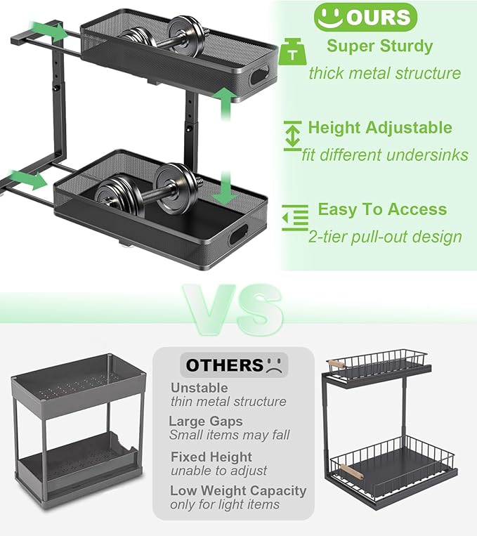 Under Sink Organizer, High Adjustable 2 Tier Under Sink Organizers and Storage, Slide out Metal Cabinet Organizers, Pull out Storage Drawer Shelf for Kitchen Bathroom Cabinet (1, Black)