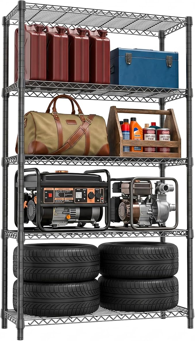 IZEUK 5-Tier Heavy Duty Black Metal Storage Shelving Unit, Wire Shelves for Home, Kitchen, Office and Garage Organization, 1250 lbs Weight Capacity, 15.7" D x 45.3" W x 70.9" H