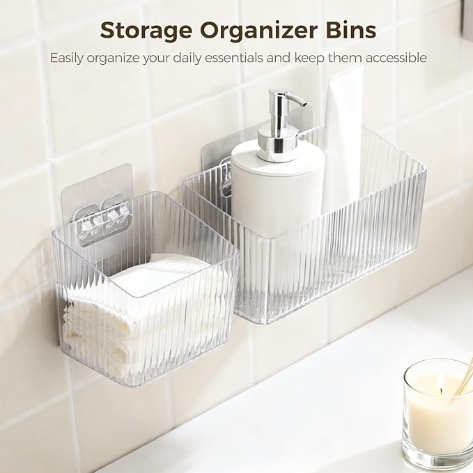 12 Pcs Storage Organizer Bins, Wall-Mounted Storage Baskets with Self-Adhesive Hooks, Clear Plastic Hanging Baskets, Stackable Storage Holders for Bathroom, Kitchen, Refrigerator