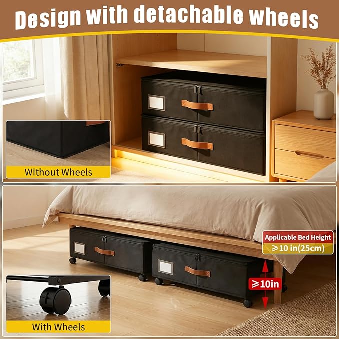 Under Bed Storage Containers with Wheels 2-Pack , 9.5" Tall Underbed Storage Drawers Organizer Bins for Clothes Shoes Toys Wrapping Paper with Extra Interior Pockets, Easy Pull-out, Heavy-duty
