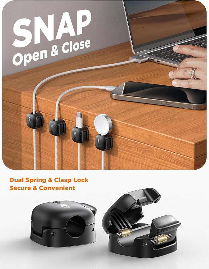 6Pack Cord Organizer, Chfeila [Dual Spring & Clasp Lock] Cable Management Clips
