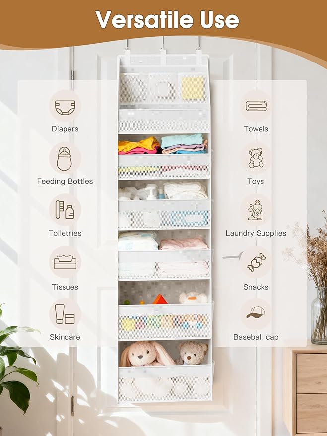 Criusia Over the Door Organizer, Heavy-Duty 6-Shelf Hanging Storage with 13 Mesh Pockets, 55lbs Capacity Behind the Door Storage for Nursery, Bathroom, Bedroom, and Dorm, White