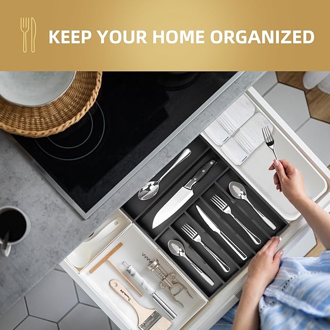 Silverware Organizer Kitchen Drawer Organizer Utensil Organizer Bamboo, Black