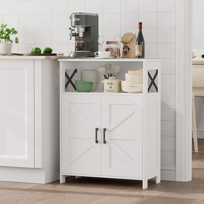 Homhedy Farmhouse Bathroom Storage Cabinet with 2 Doors, Toilet Paper Cabinet with Adjustable Shelf, Small Bathroom Cabinet for Kitchen/Laundry/Living Room, 11.8 x 23.6 x 31.5 Inches, White