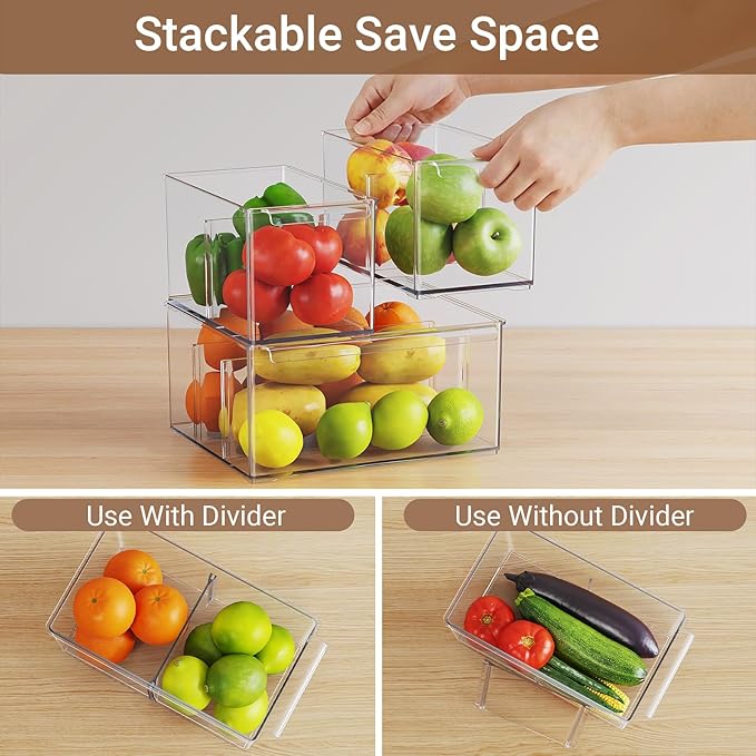 Clear Plastic Storage Bins with Dividers for Fridge Pantry Organizers, C6-3