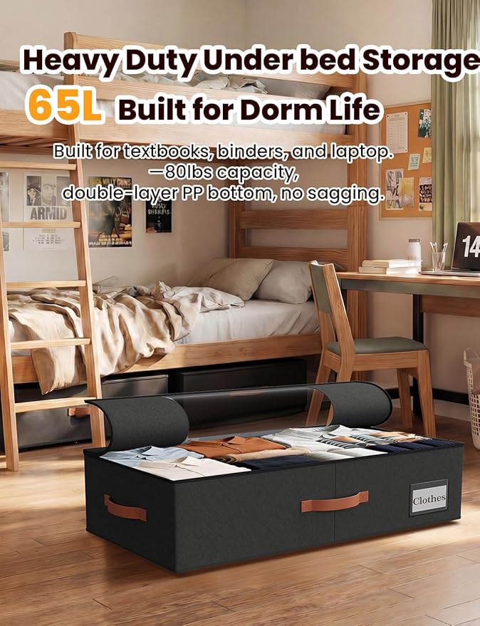 TOSKING 2-Pack Under Bed Storage Drawers with Wheels, 6 Vacuum Bags, 7.9" Height, Large 65L/80 lbs Clear Lid Rolling Bin, 900D Oxford, Space Saver for Dorm Bedroom, Blankets, Clothes, Shoes, Black