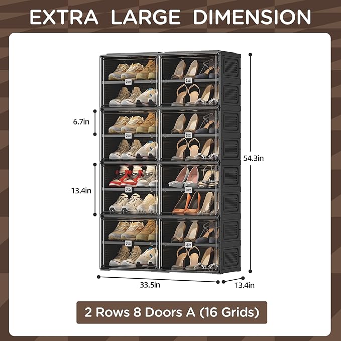 Vipbox Black Shoe Rack Organizer Cabinet for Closet Entryway,Clear Shoe Storage Boxes Stackable Sneaker Storage with Door Easy Assembly Shoe Cabinet with Lids Large 8 Tiers 32 Pairs