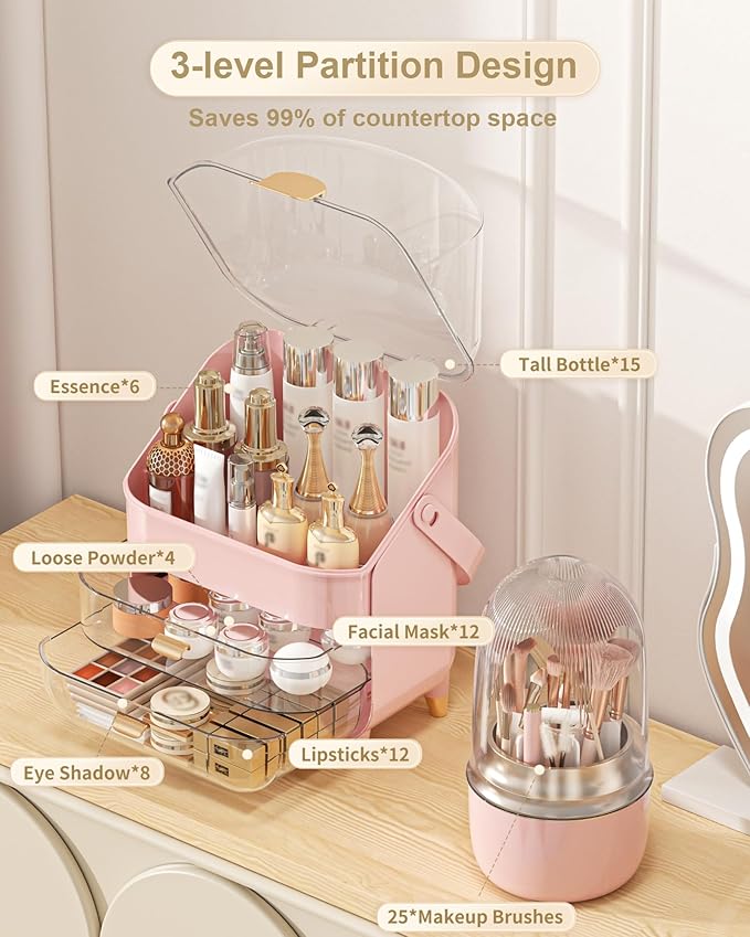 Makeup Organizer Countertop, Skincare Holder Bathroom Counter Organizer, Storage Box Cosmetic Display Cases, Teen Girl Gifts Make up Organizers (Pink/Brush)