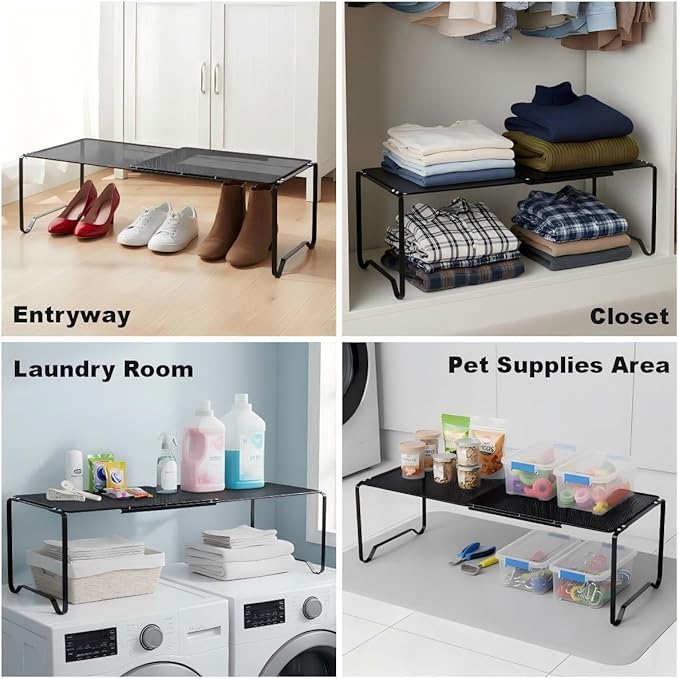 Extendable Dense Mesh Metal Shelf - 15-24.4in Adjustable Stackable Organizer for Kitchen, Bathroom, Shoe Cabinet & Tool Closet, Dust-Proof Small Item Friendly Storage Rack (2 Piece, White)