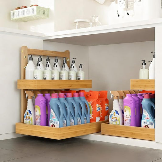 Bamboo Undersink Organizer Storage - 2-Tier Cabinet Shelf with Adjustable Levels, Under Sink Storage Slide Out for Cabinet Pantry Kitchen Bathroom (Natural)