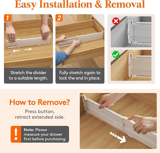 Lifewit 9 Pack Drawer Dividers for Clothes, 4" High 13.8"-22.2" Expandable Dresser Drawer Organizers, Adjustable White Plastic Separators for Kitchen, Cabinet, Nursery, Socks & Underwear Storage