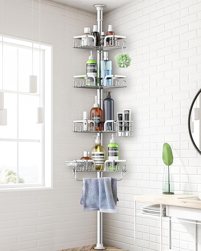 Corner Shower Caddy Tension Pole 4 Tier Adjustable Stainless Steel Shower Shelf for Inside Shower Bathtub Shampoo,Standing Bathroom Organizer Shelves with 39 to 113 inch Height