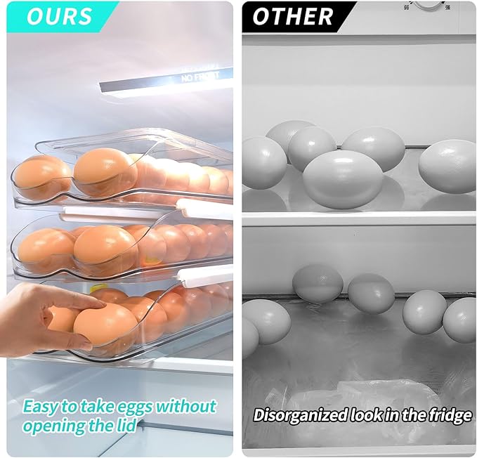 RoskDeewat Egg Holder for Fridge, Automatically Rolling Egg Container for Refrigerator, Clear Plastic Fridge Organizers and Storage with Lid, Stackable Egg Dispenser & Tray (3 Tier)
