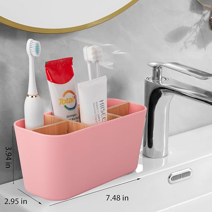 Toothbrush Holders for Bathrooms, Bamboo Tooth Brush Holder with 5 Slots Bathroom Vanity Organizer Countertop for Electric Toothbrushes, Toothpaste, Razors - Pink