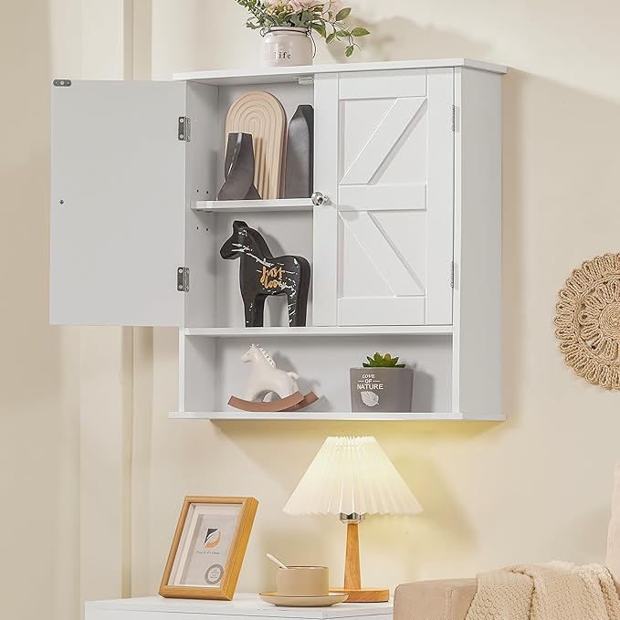 TEENFON Bathroom Wall Cabinet, Bathroom Cabinet with Barn Doors & Adjustable Shelf, Over The Toilet Storage Cabinet, Medicine Cabinet, White UNGGX001WV1