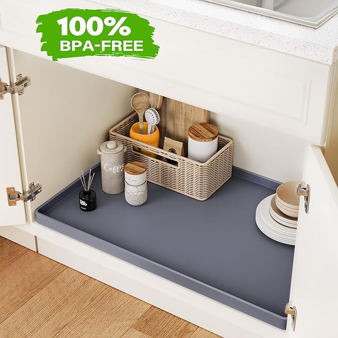 FLATO Waterproof Under Sink Mat 37" x 22" Shelf Liner for Kitchen and Bathroom, Cabinet Protector, Organizers and Storage, Flexible Silicone Drip Tray
