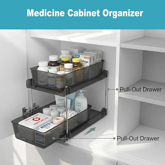 2 Pack Bathroom Organizer,2 Tier Clear Under Sink Organizers Vanity Countertop Storage Container,Cabinet Drawers Bins, Pull-Out Organization with Track for Pantry, Kitchen