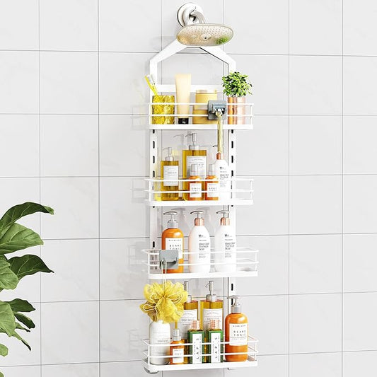 ODesign 4 Tier Height-Adjustable Shower Caddy Hanging Anti-Swing-Over The Shower Head Caddy-Storage Organizer Bathroom Shelves Basket-White