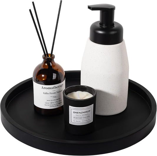 Silicone Bathroom Tray Round Vanity Tray Decorative Soap Holder Kitchen Countertop Organizer Coffee Table Decor for Candle, Perfume, Plant, 10 Inch, Black