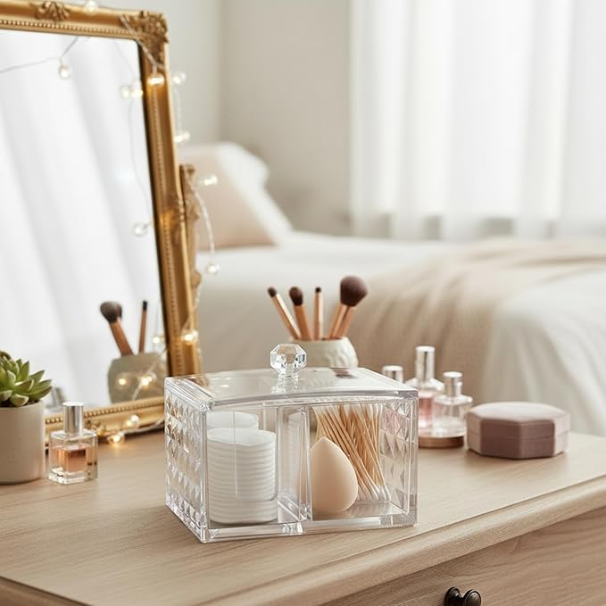 Cotton Swab Holder - Compact Bathroom Canister with Lid and 3 Compartments for Organizing Cotton Ball, Swab, Pad - Acrylic Bathroom Storage Jar Compatible with Q Tips