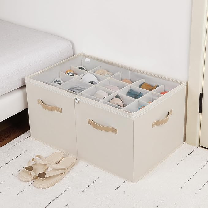 TOPIA HOME Shoe Organizer for Closet 2 Pack, Foldable Shoe Box with Adjustable Divider and Clear Cover, Space Saving Shoe Storage Organizer Cabinet with Reinforced Handles, Fits 40 Pair, Beige, TP11Y