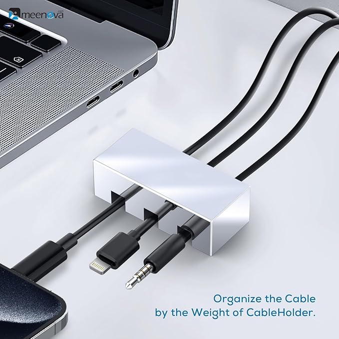 Meenova 304 Stainless Steel Weighted Cord Holder for Nightstand, Paper Weight, Letter Paperweight, 3 Hole Design, Aesthetic Desk Accessory for Office Computer Desk Charger Metal Charging Cable Holder
