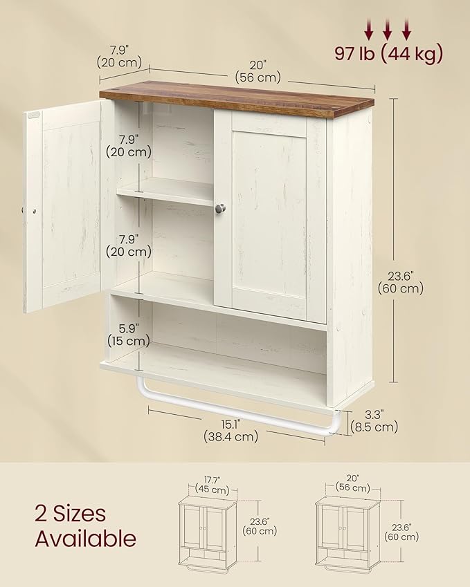 VASAGLE Siren Collection - Hanging Bathroom Cabinet with Towel Rod, Farmhouse Wall Storage Cabinet, with Adjustable Shelf, and Doors, 7.9 x 20 x 23.6 Inches, Rustic White and Honey Brown UBBK149WJ01S