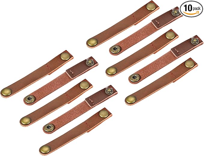 MECCANIXITY Pack of 10 Leather Cable Straps Cord Organizer 90x12mm Portable Cable Leather Clips Light Brown Earphone Cord Management for Cable, Wire