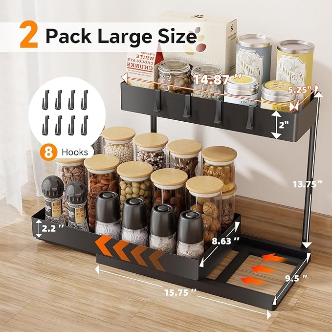Simple Trending Under Sink Organizer, 2 Pack Pull Out Cabinet Organizer with Sliding Drawer, 2-Tier Under Sink Storage for Kitchen Bathroom, Black