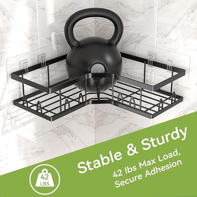 Shower Shelf Corner, Adhesive Shower Caddy Rustproof, Shower Shelves Corner with Soap Holder, No Drilling Shower Corner Organizer for Dorm, Renters Bathroom, Black, 3 Pack