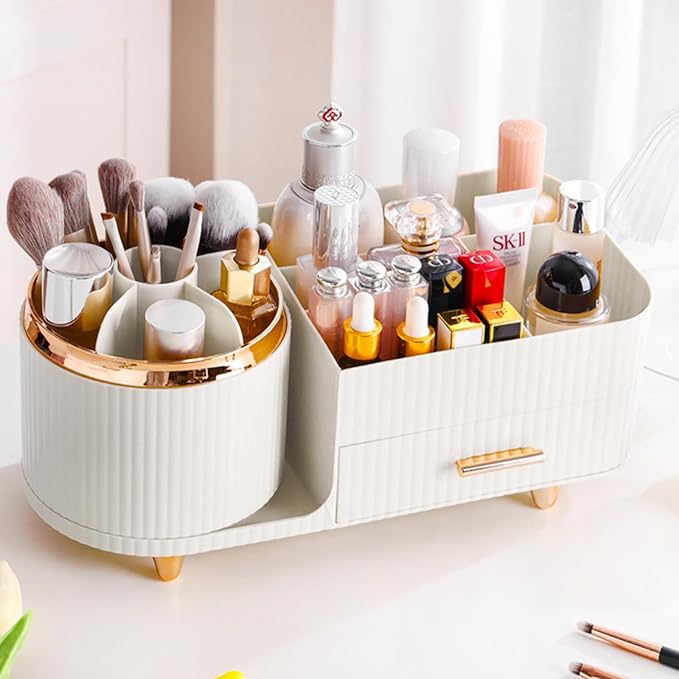 Rotating Makeup Organizer for Vanity with Brush Holder and Drawer, White