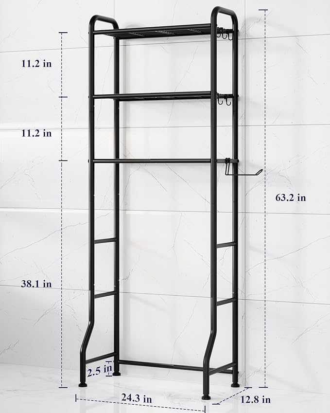 Kitsure Over Toilet Storage Rack - Metal Over Toilet Bathroom Organizer Shelf, Over the Toilet Storage Cabinet with Paper Holder and Hooks, Bathroom Cabinet for Laundry, Black, 3 Tiers (63.2" H)