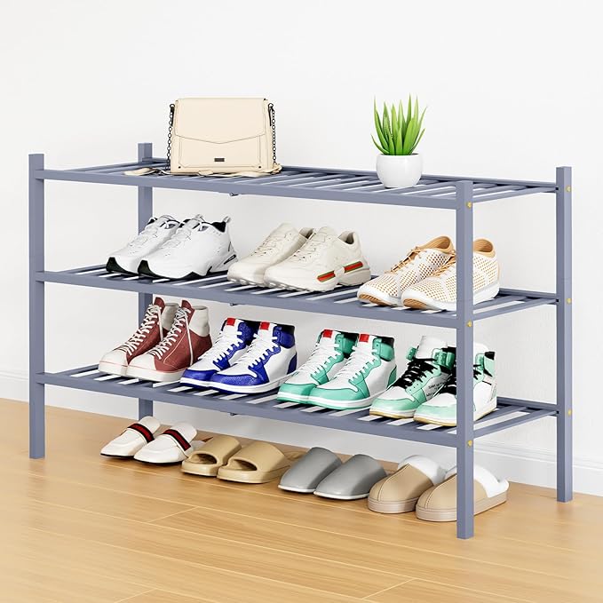 Smiry Long Bamboo Shoe Rack, 3 Tier Free Standing Wooden Shoe Organizer, Stackable Wood Shoe Storage Shelf for Closet, Entryway, 12 Vertical Slats, 2+1 Stack Standard Legs, 33.7"x11"x19.5", Grey
