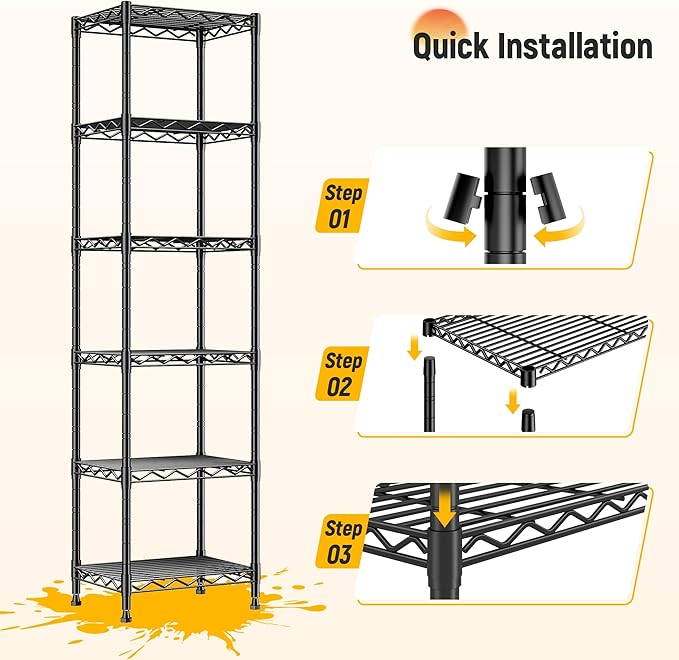 DurayLoly 6-Tier Narrow Storage Shelves with Anti-Tip Screws, 265 lbs Capacity, Adjustable Metal Wire Shelving Unit for Kitchen, Pantry, Bathroom, Laundry Room & Garage – 15.8" W x 11.8" D x 63.8" H
