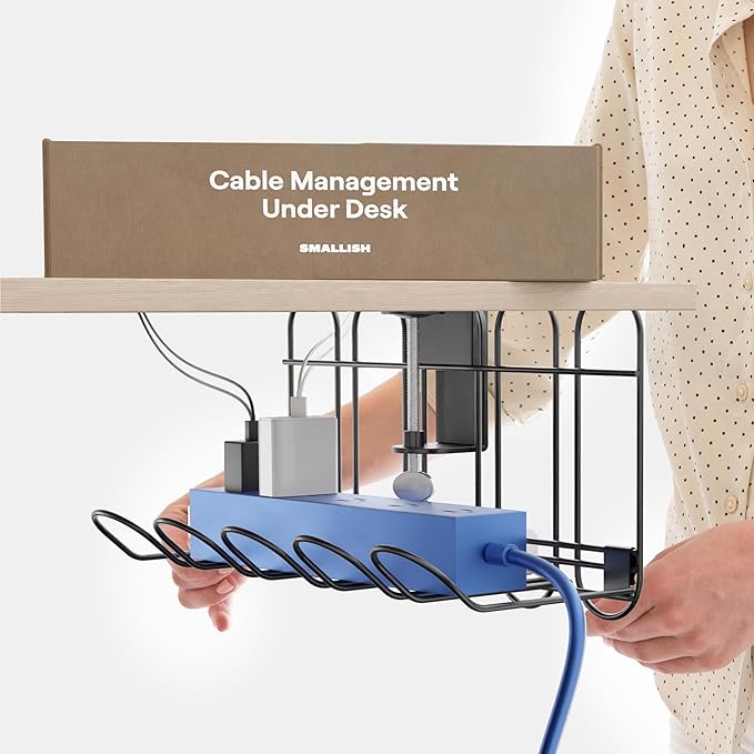 Under Desk Cable Tray, No Drill Wire Management Clamp, Grey