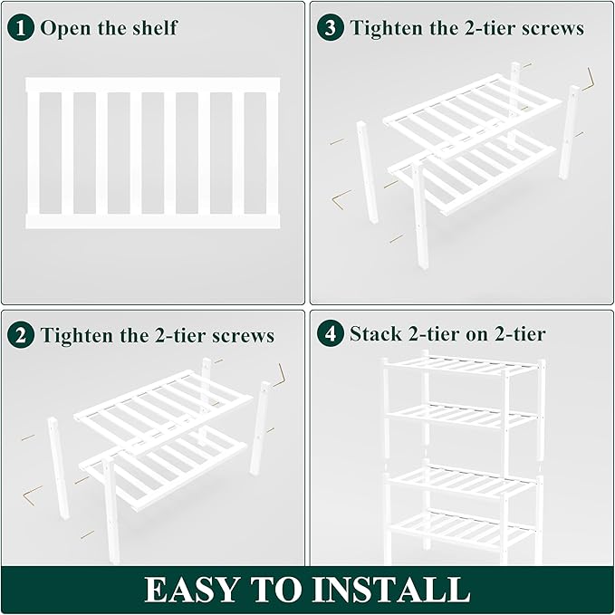 Smiry Bamboo Shoe Rack for Closet, 4 Tier Small Wooden Shoe Organizer, Stackable Wood Shoe Storage Shelf for Entryway, 14 Vertical Slats, 2+2 Stack Heavy-Duty Legs, 17.32"x11.02"x25.98", White