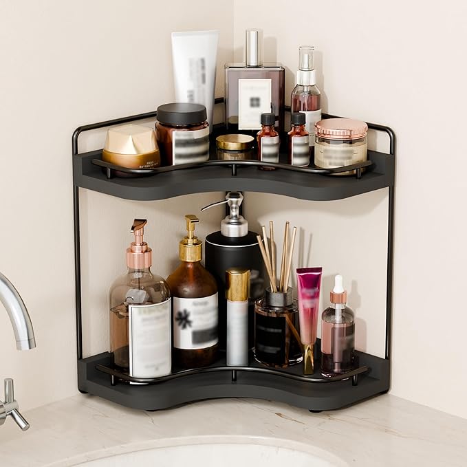 2-Tier Corner Bathroom Counter Organizers, Stable Wood Vanity Shelf for Perfume, Skincare & Makeup, Larger Size Countertop Organizer and Storage for Bathroom, Kitchen and Dresser(Black)
