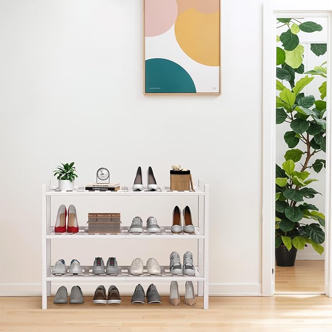 Haddockway Large 3 Tier Bamboo Shoe Rack Storage Organizer, Multifunctional Free Standing Stackable Shoe Shelf with Grid Panel for Closet,Hallway,Entryway,Small Space 27"x12"x21"
