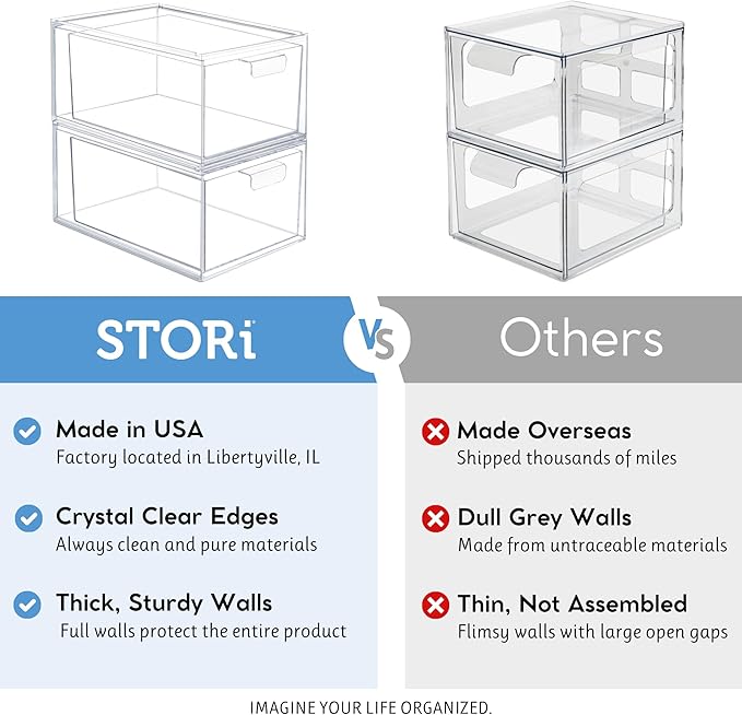 STORi Audrey Stackable Clear Bin Plastic Organizer Drawers | 2 Piece Set | Organize Cosmetics and Beauty Supplies on a Vanity | Made in USA